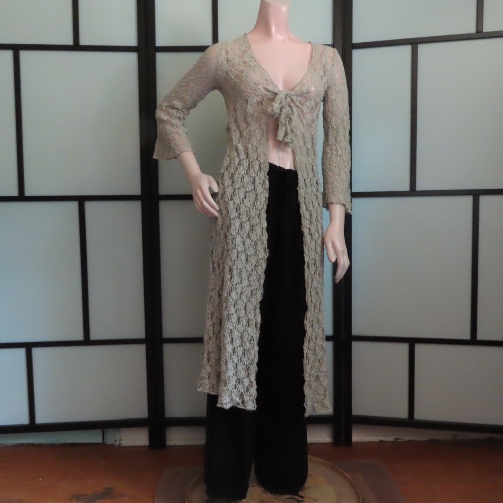 CAbi Long Lace Duster Cardigan S Light Gray Tie Front Long Sleeve Style #891